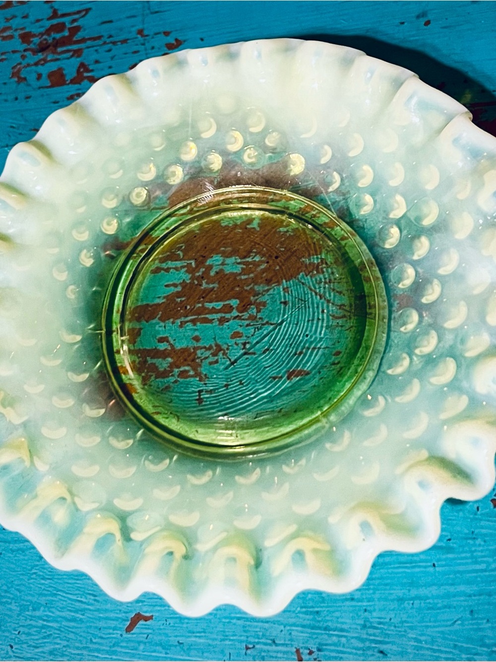 Vintage Fenton Topaz Opalescent Hobnail Vaseline Uranium Glass Plate
